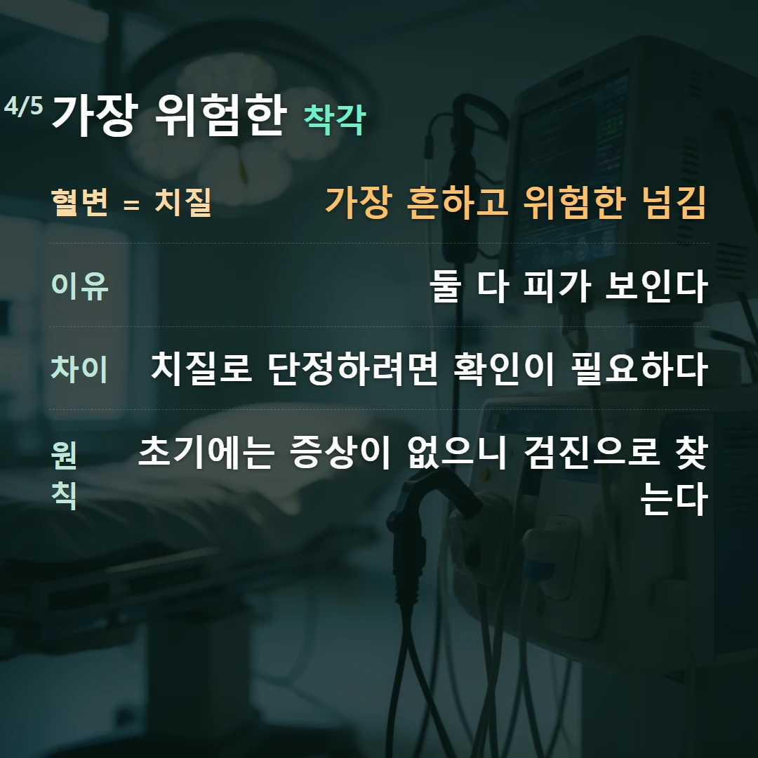 가장 위험한 착각 — 혈변 = 치질 가장 흔하고 위험한 넘김, 이유 둘 다 피가 보인다, 차이 치질로 단정하려면 확인이 필요하다, 원칙 초기에는 증상이 없으니 검진으로 찾는다