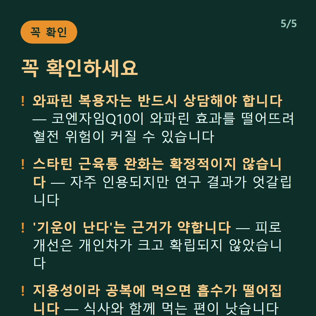 꼭 확인하세요 — 와파린 복용자는 반드시 상담해야 합니다 — 코엔자임Q10이 와파린 효과를 떨어뜨려 혈전 위험이 커질 수 있습니다 / 스타틴 근육통 완화는 확정적이지 않습니다 — 자주 인용되지만 연구 결과가 엇갈립니다 / '기운이 난다'는 근거가 약합니다 — 피로 개선은 개인차가 크고 확립되지 않았습니다 / 지용성이라 공복에 먹으면 흡수가 떨어집니다 — 식사와 함께 먹는 편이 낫습니다