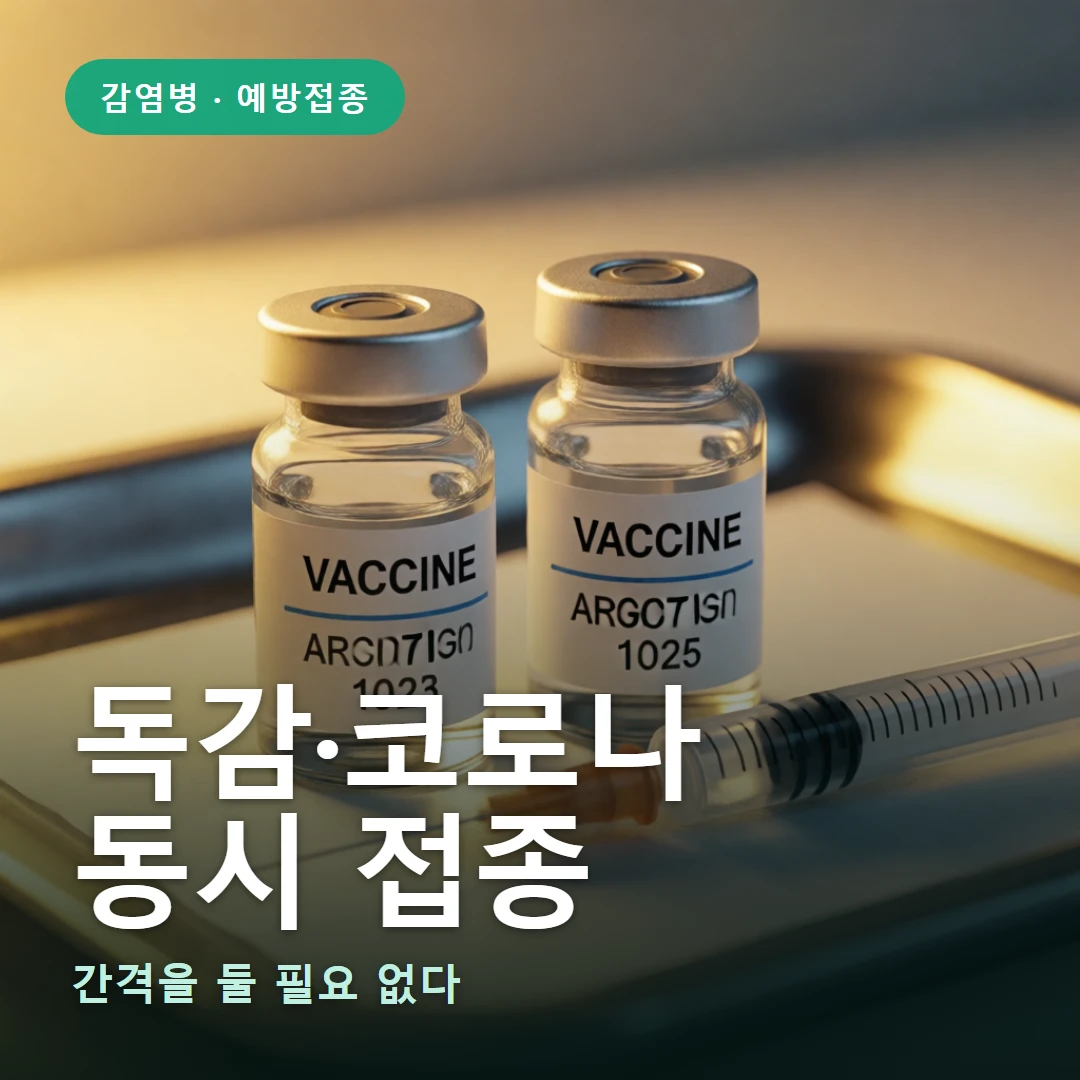 독감·코로나 동시 접종 요약 표지 — 간격을 둘 필요 없다