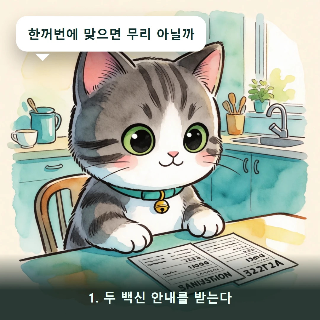 웹툰 1컷 — 1. 두 백신 안내를 받는다 (한꺼번에 맞으면 무리 아닐까)