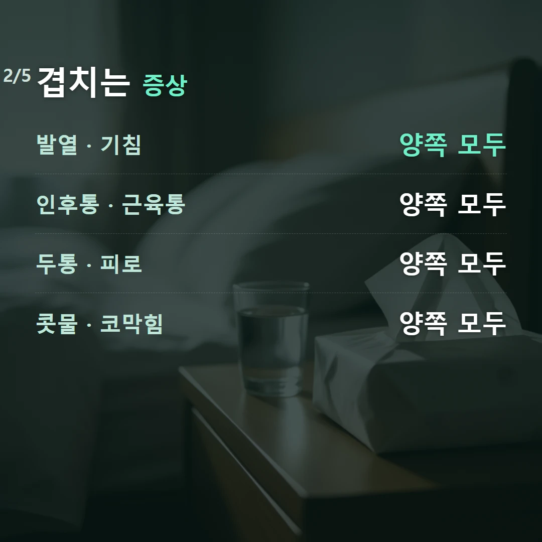 겹치는 증상 — 발열 · 기침 양쪽 모두, 인후통 · 근육통 양쪽 모두, 두통 · 피로 양쪽 모두, 콧물 · 코막힘 양쪽 모두