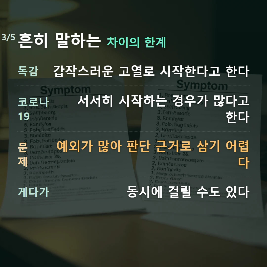 흔히 말하는 차이의 한계 — 독감 갑작스러운 고열로 시작한다고 한다, 코로나19 서서히 시작하는 경우가 많다고 한다, 문제 예외가 많아 판단 근거로 삼기 어렵다, 게다가 동시에 걸릴 수도 있다