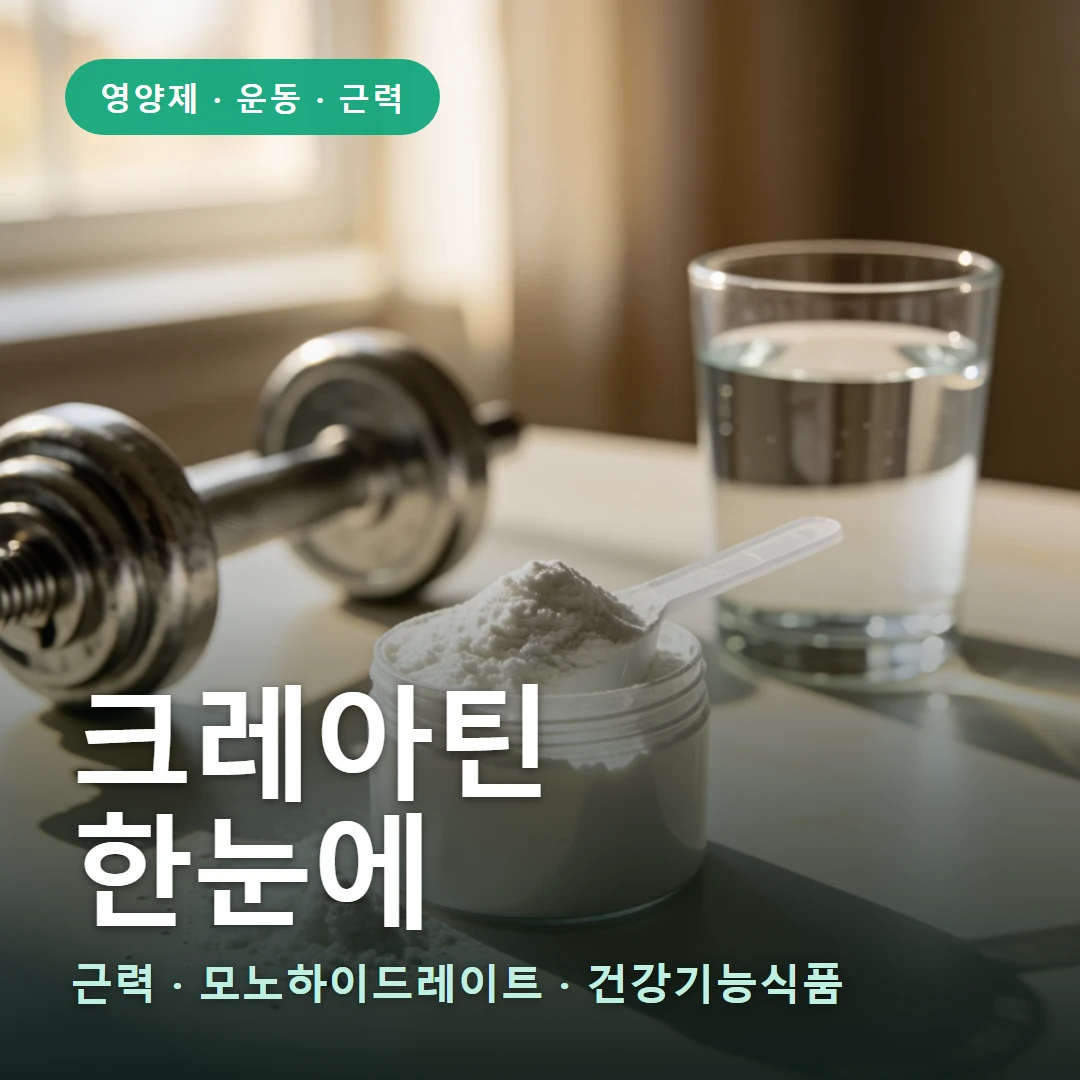 크레아틴 요약 표지 — 근력 · 모노하이드레이트 · 건강기능식품