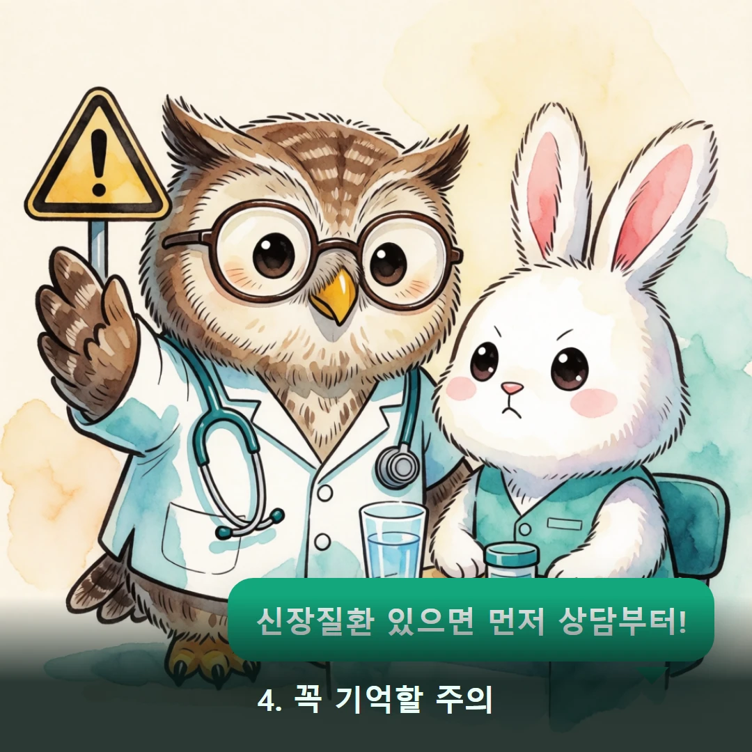 웹툰 4컷 — 4. 꼭 기억할 주의 (신장질환 있으면 먼저 상담부터!)