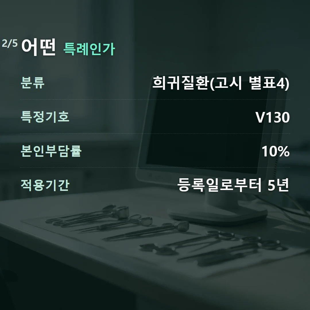 어떤 특례인가 — 분류 희귀질환(고시 별표4), 특정기호 V130, 본인부담률 10%, 적용기간 등록일로부터 5년