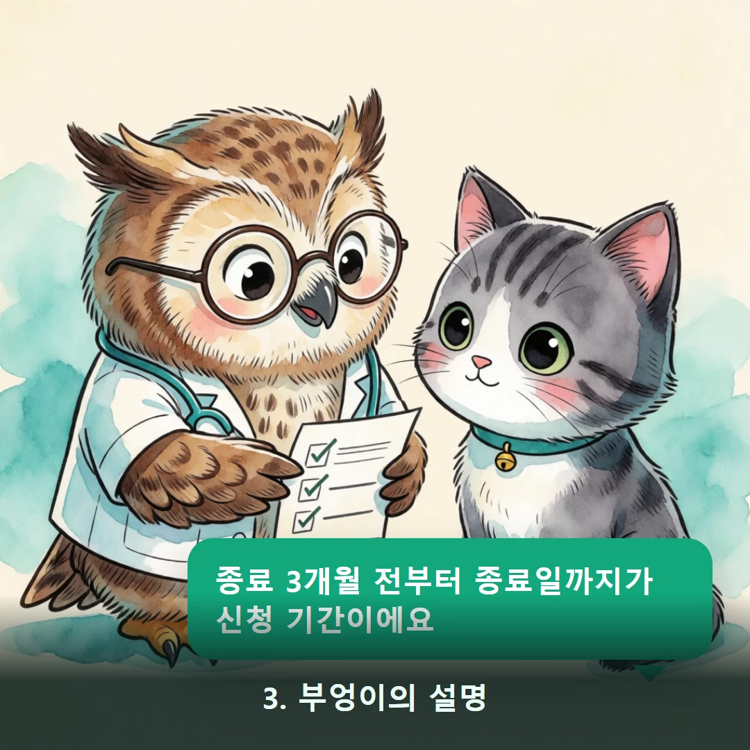 웹툰 3컷 — 3. 부엉이의 설명 (종료 3개월 전부터 종료일까지가 신청 기간이에요)