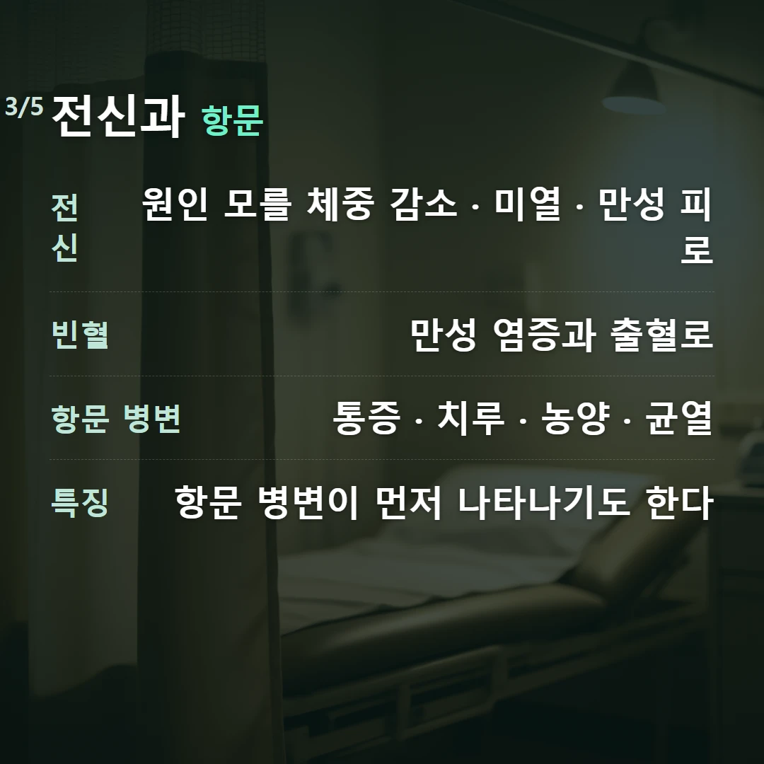 전신과 항문 — 전신 원인 모를 체중 감소 · 미열 · 만성 피로, 빈혈 만성 염증과 출혈로, 항문 병변 통증 · 치루 · 농양 · 균열, 특징 항문 병변이 먼저 나타나기도 한다