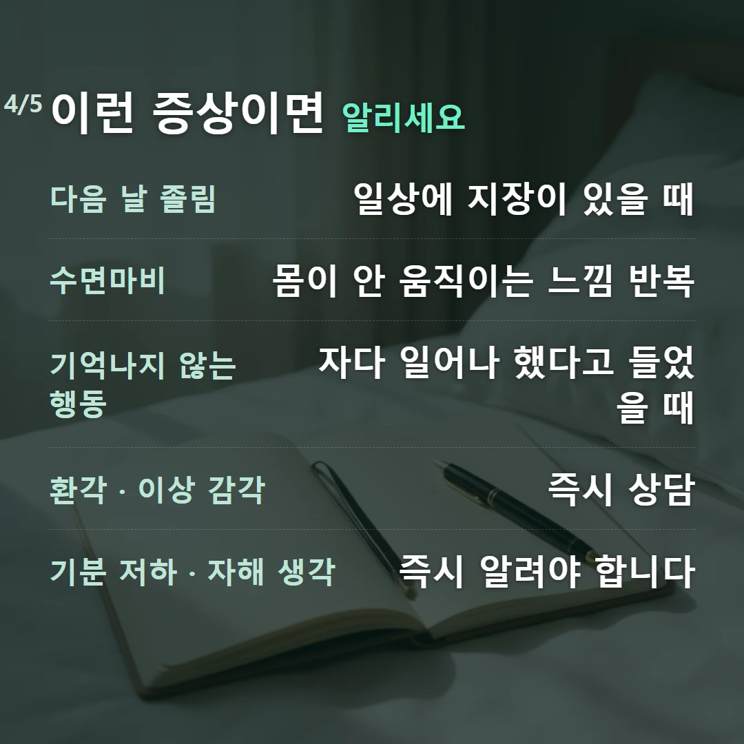 이런 증상이면 알리세요 — 다음 날 졸림 일상에 지장이 있을 때, 수면마비 몸이 안 움직이는 느낌 반복, 기억나지 않는 행동 자다 일어나 했다고 들었을 때, 환각 · 이상 감각 즉시 상담, 기분 저하 · 자해 생각 즉시 알려야 합니다