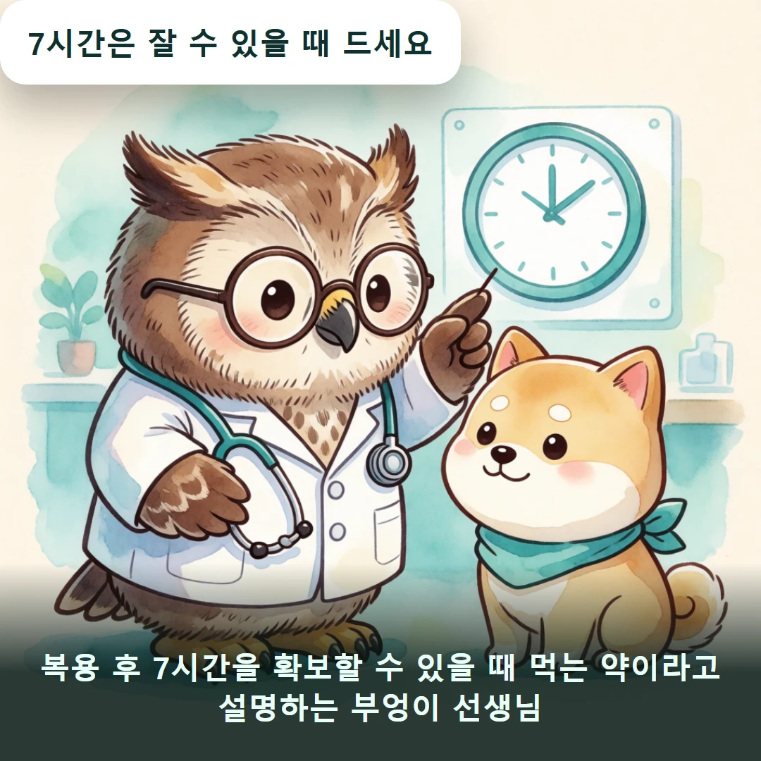 웹툰 2컷 — 복용 후 7시간을 확보할 수 있을 때 먹는 약이라고 설명하는 부엉이 선생님 (7시간은 잘 수 있을 때 드세요)