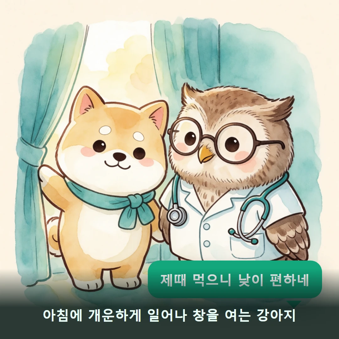 웹툰 4컷 — 아침에 개운하게 일어나 창을 여는 강아지 (제때 먹으니 낮이 편하네)