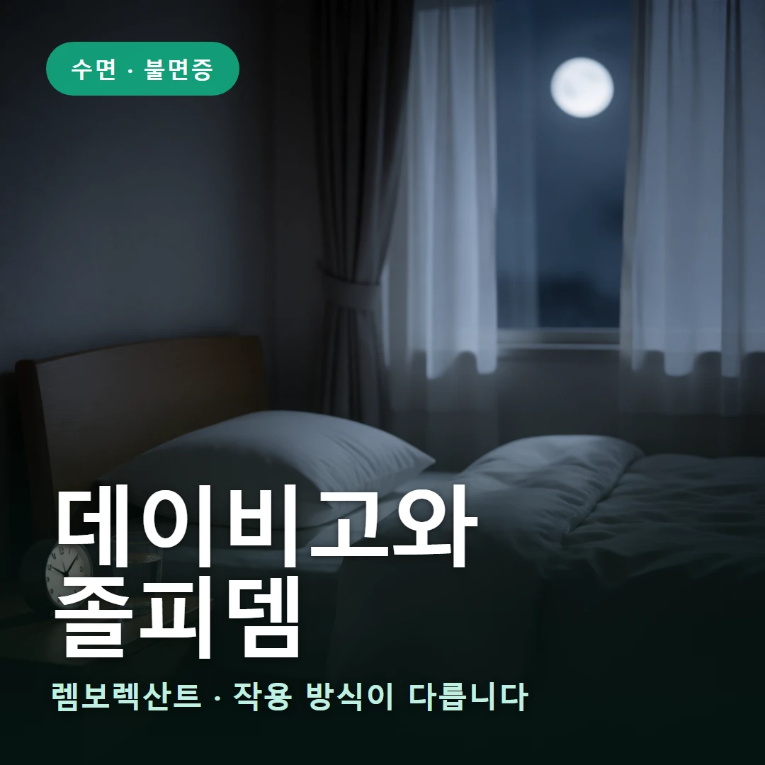 데이비고 vs 졸피뎀 요약 표지 — 렘보렉산트 · 작용 방식이 다릅니다