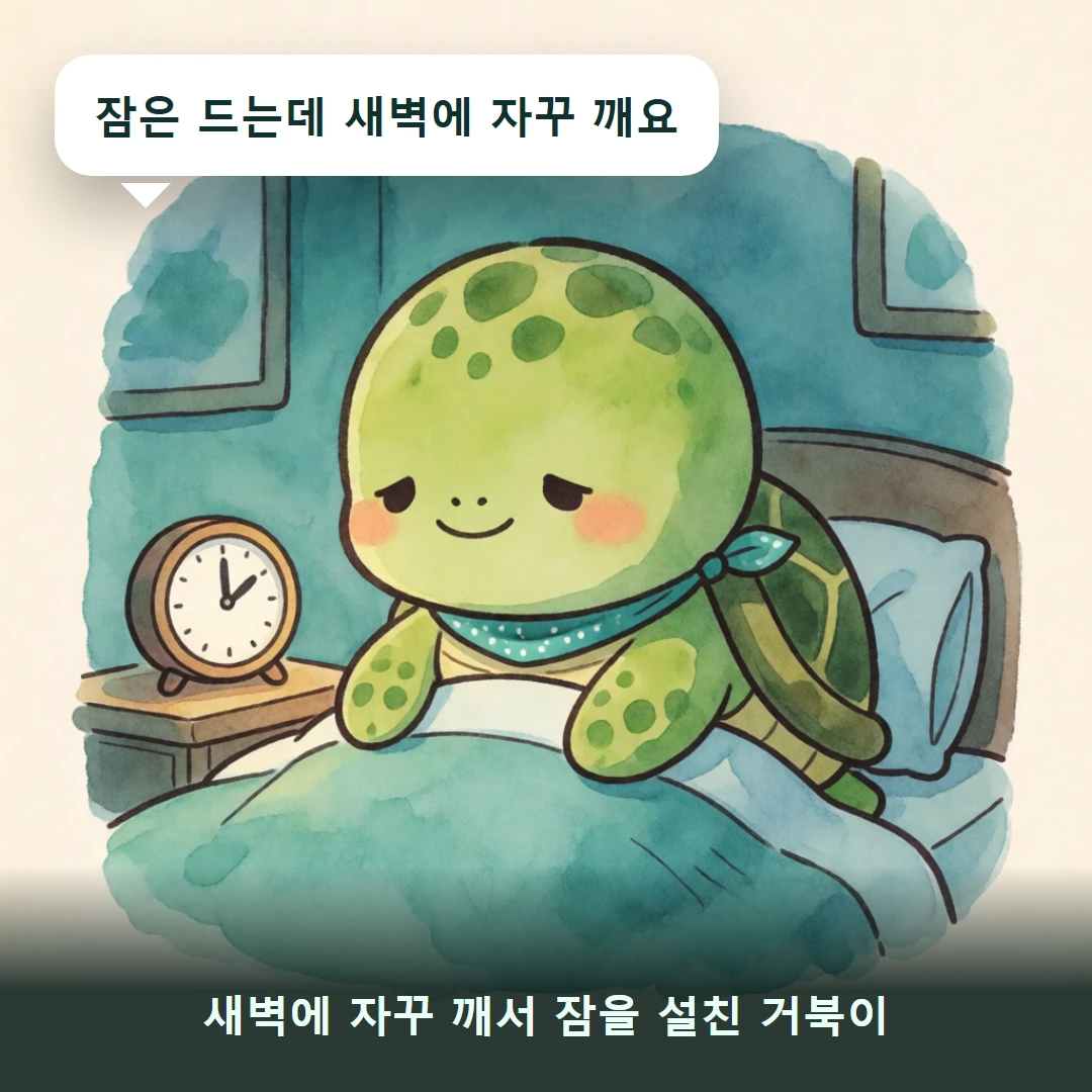 웹툰 1컷 — 새벽에 자꾸 깨서 잠을 설친 거북이 (잠은 드는데 새벽에 자꾸 깨요)