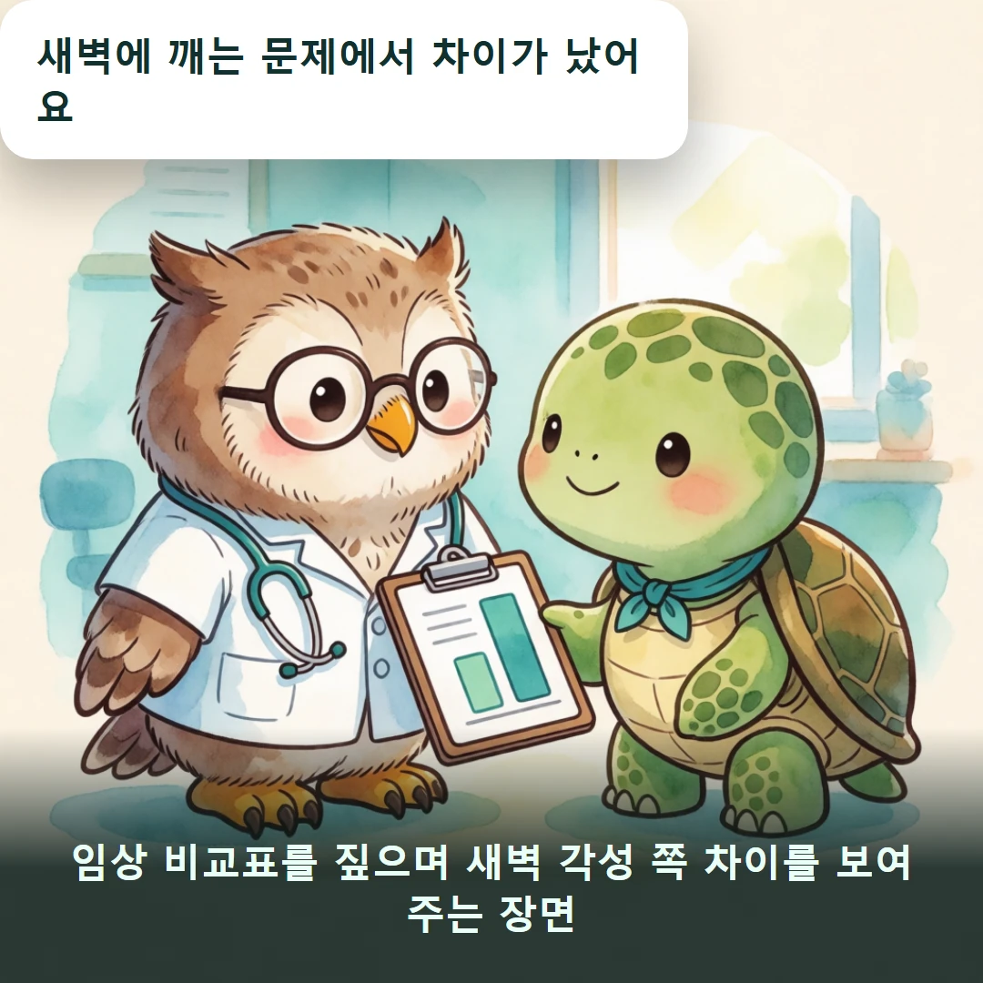 웹툰 3컷 — 임상 비교표를 짚으며 새벽 각성 쪽 차이를 보여 주는 장면 (새벽에 깨는 문제에서 차이가 났어요)