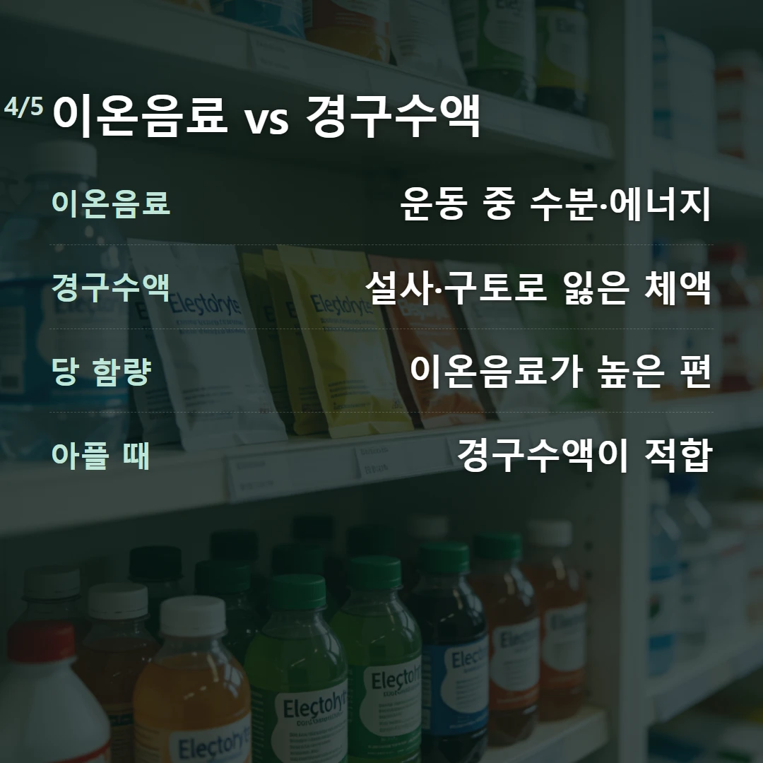 이온음료 vs 경구수액 — 이온음료 운동 중 수분·에너지, 경구수액 설사·구토로 잃은 체액, 당 함량 이온음료가 높은 편, 아플 때 경구수액이 적합