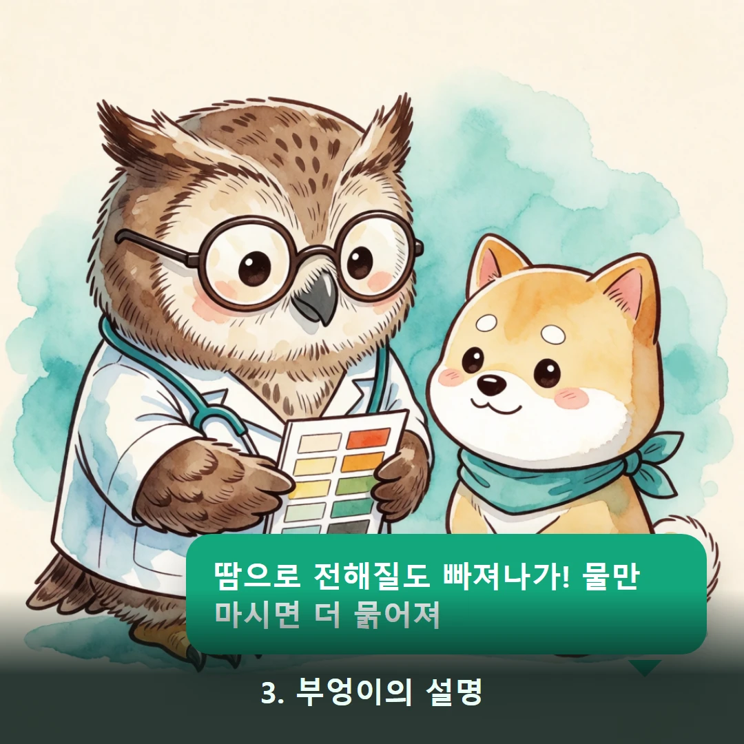웹툰 3컷 — 3. 부엉이의 설명 (땀으로 전해질도 빠져나가! 물만 마시면 더 묽어져)