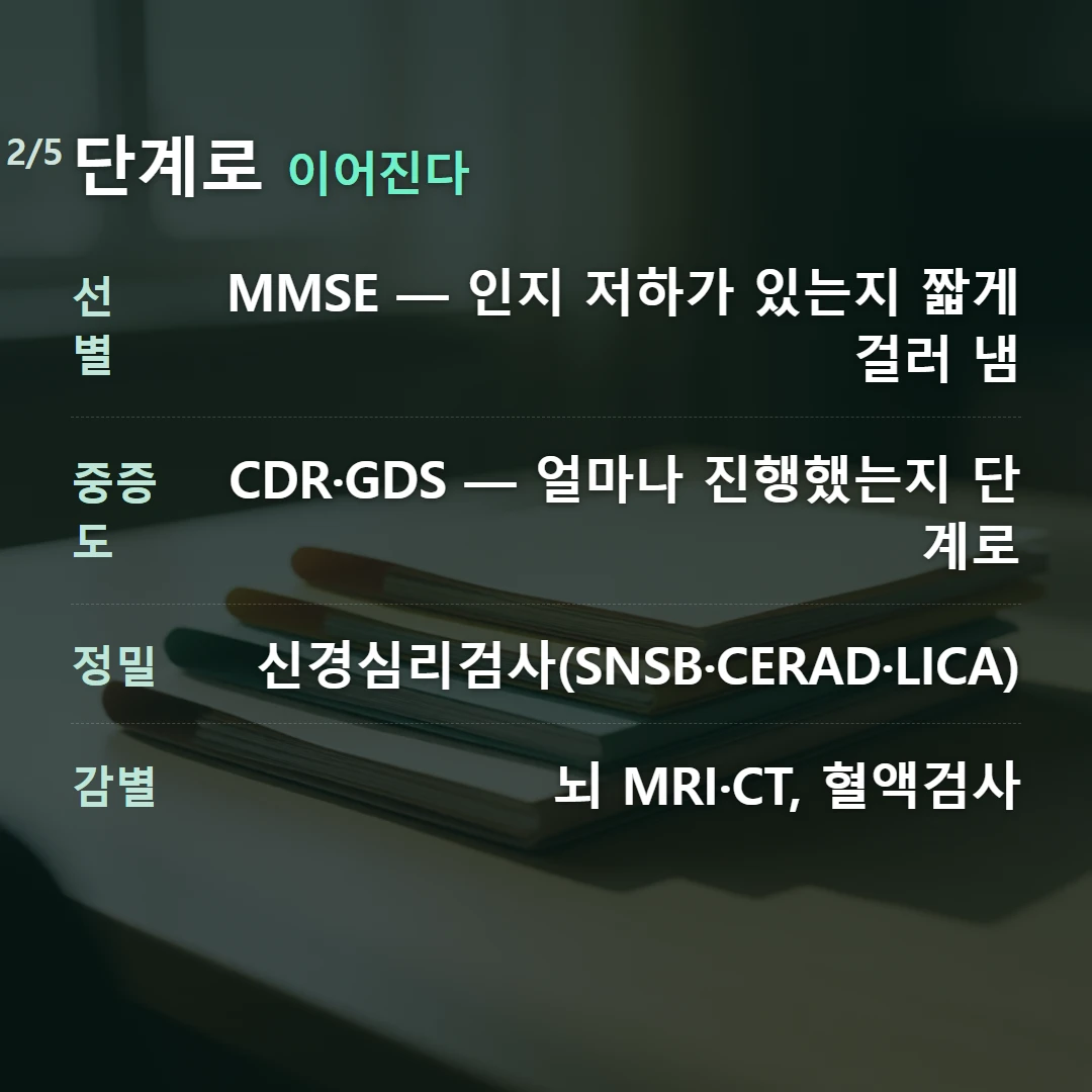 단계로 이어진다 — 선별 MMSE — 인지 저하가 있는지 짧게 걸러 냄, 중증도 CDR·GDS — 얼마나 진행했는지 단계로, 정밀 신경심리검사(SNSB·CERAD·LICA), 감별 뇌 MRI·CT, 혈액검사