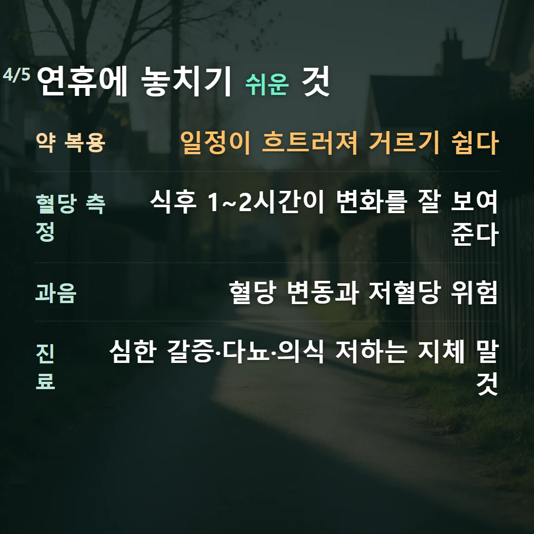 연휴에 놓치기 쉬운 것 — 약 복용 일정이 흐트러져 거르기 쉽다, 혈당 측정 식후 1~2시간이 변화를 잘 보여준다, 과음 혈당 변동과 저혈당 위험, 진료 심한 갈증·다뇨·의식 저하는 지체 말 것