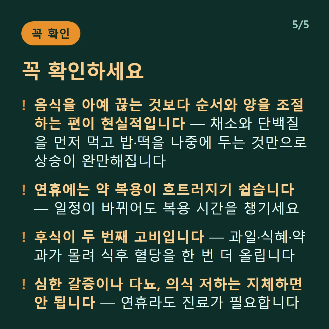 꼭 확인하세요 — 음식을 아예 끊는 것보다 순서와 양을 조절하는 편이 현실적입니다 — 채소와 단백질을 먼저 먹고 밥·떡을 나중에 두는 것만으로 상승이 완만해집니다 / 연휴에는 약 복용이 흐트러지기 쉽습니다 — 일정이 바뀌어도 복용 시간을 챙기세요 / 후식이 두 번째 고비입니다 — 과일·식혜·약과가 몰려 식후 혈당을 한 번 더 올립니다 / 심한 갈증이나 다뇨, 의식 저하는 지체하면 안 됩니다 — 연휴라도 진료가 필요합니다