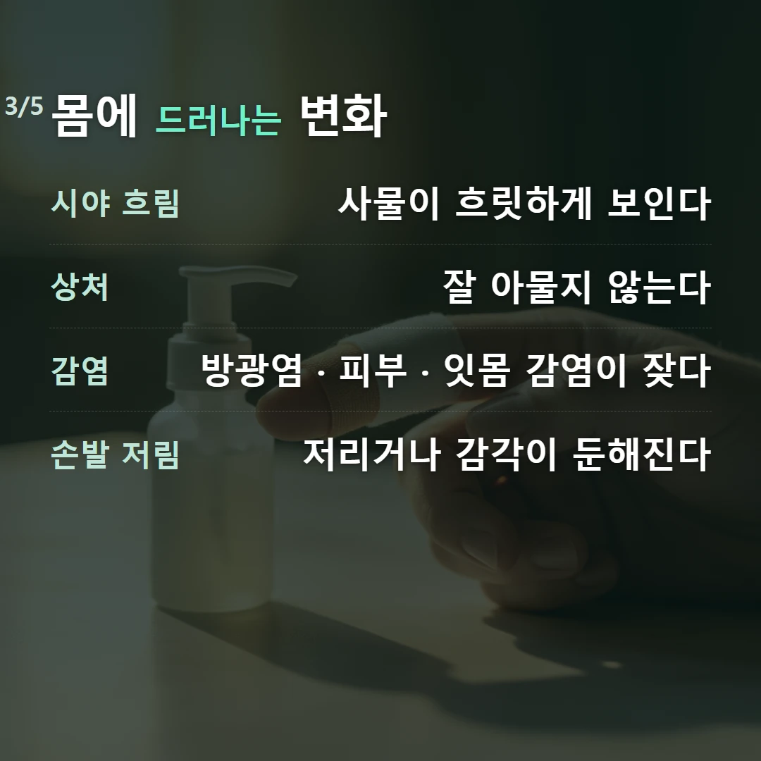 몸에 드러나는 변화 — 시야 흐림 사물이 흐릿하게 보인다, 상처 잘 아물지 않는다, 감염 방광염 · 피부 · 잇몸 감염이 잦다, 손발 저림 저리거나 감각이 둔해진다