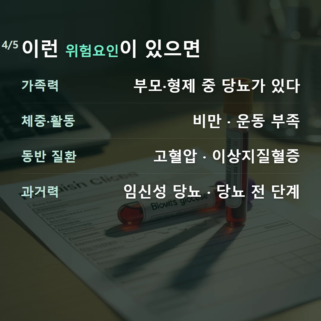 이런 위험요인이 있으면 — 가족력 부모·형제 중 당뇨가 있다, 체중·활동 비만 · 운동 부족, 동반 질환 고혈압 · 이상지질혈증, 과거력 임신성 당뇨 · 당뇨 전 단계