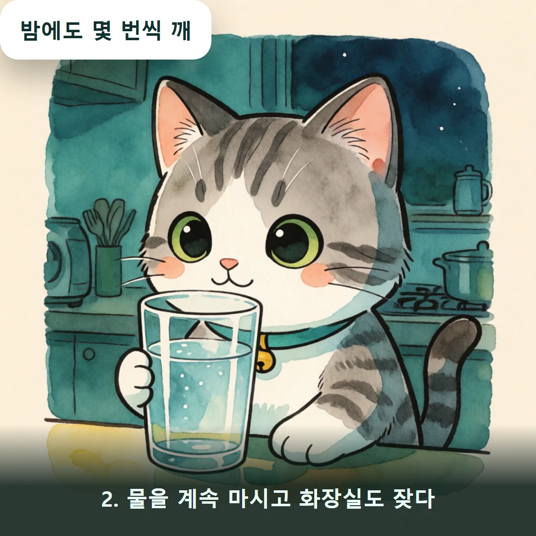 웹툰 2컷 — 2. 물을 계속 마시고 화장실도 잦다 (밤에도 몇 번씩 깨)