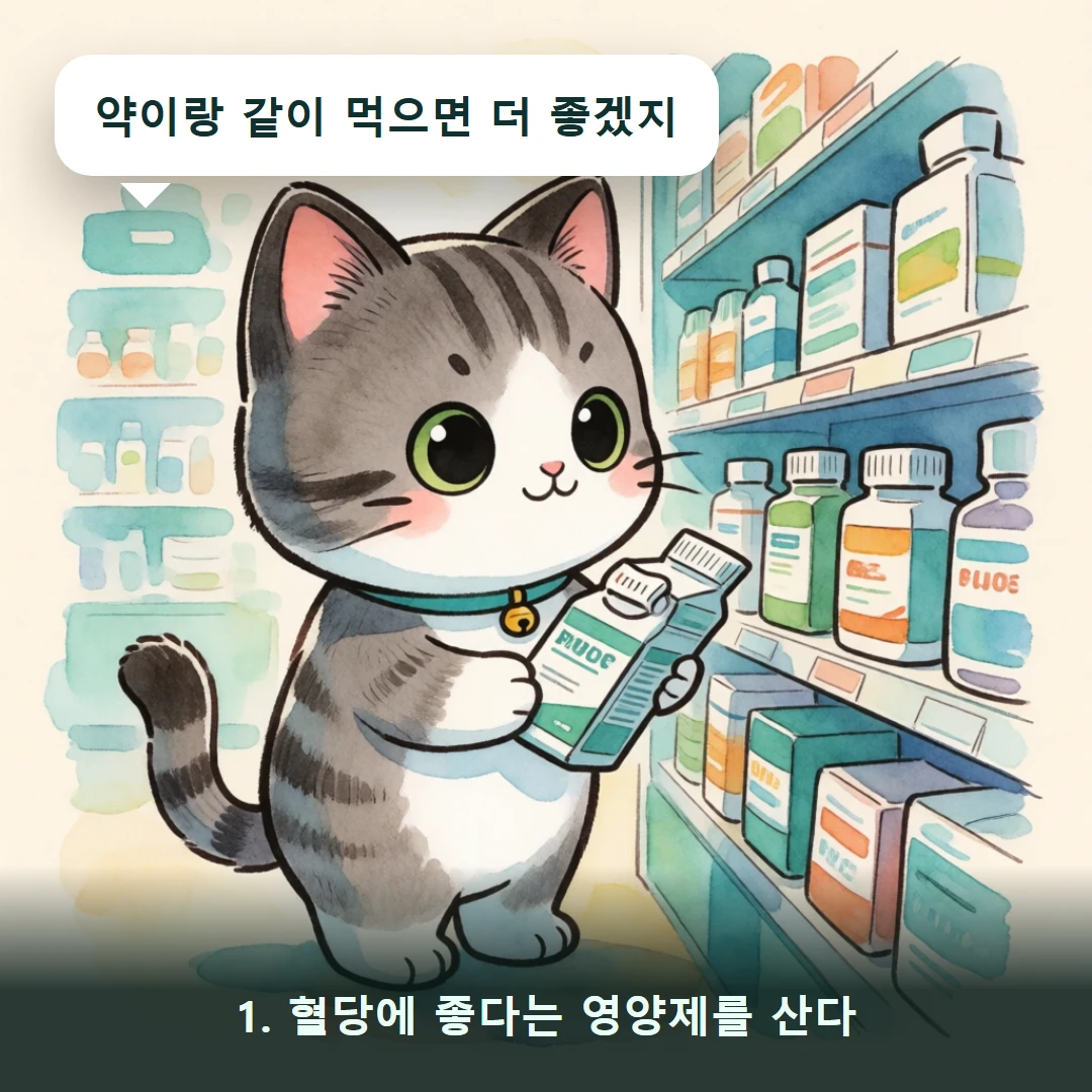 웹툰 1컷 — 1. 혈당에 좋다는 영양제를 산다 (약이랑 같이 먹으면 더 좋겠지)