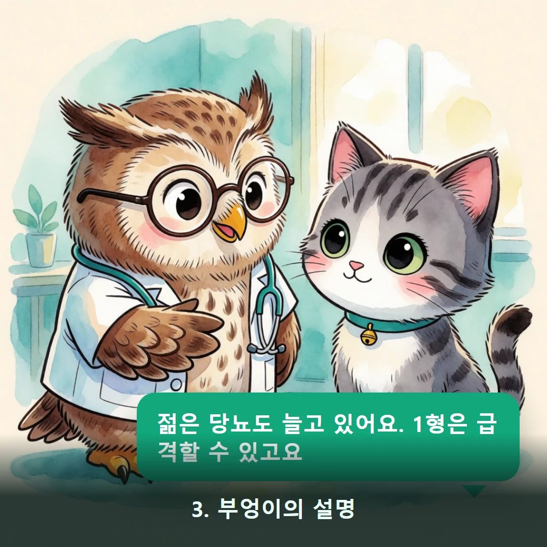 웹툰 3컷 — 3. 부엉이의 설명 (젊은 당뇨도 늘고 있어요. 1형은 급격할 수 있고요)
