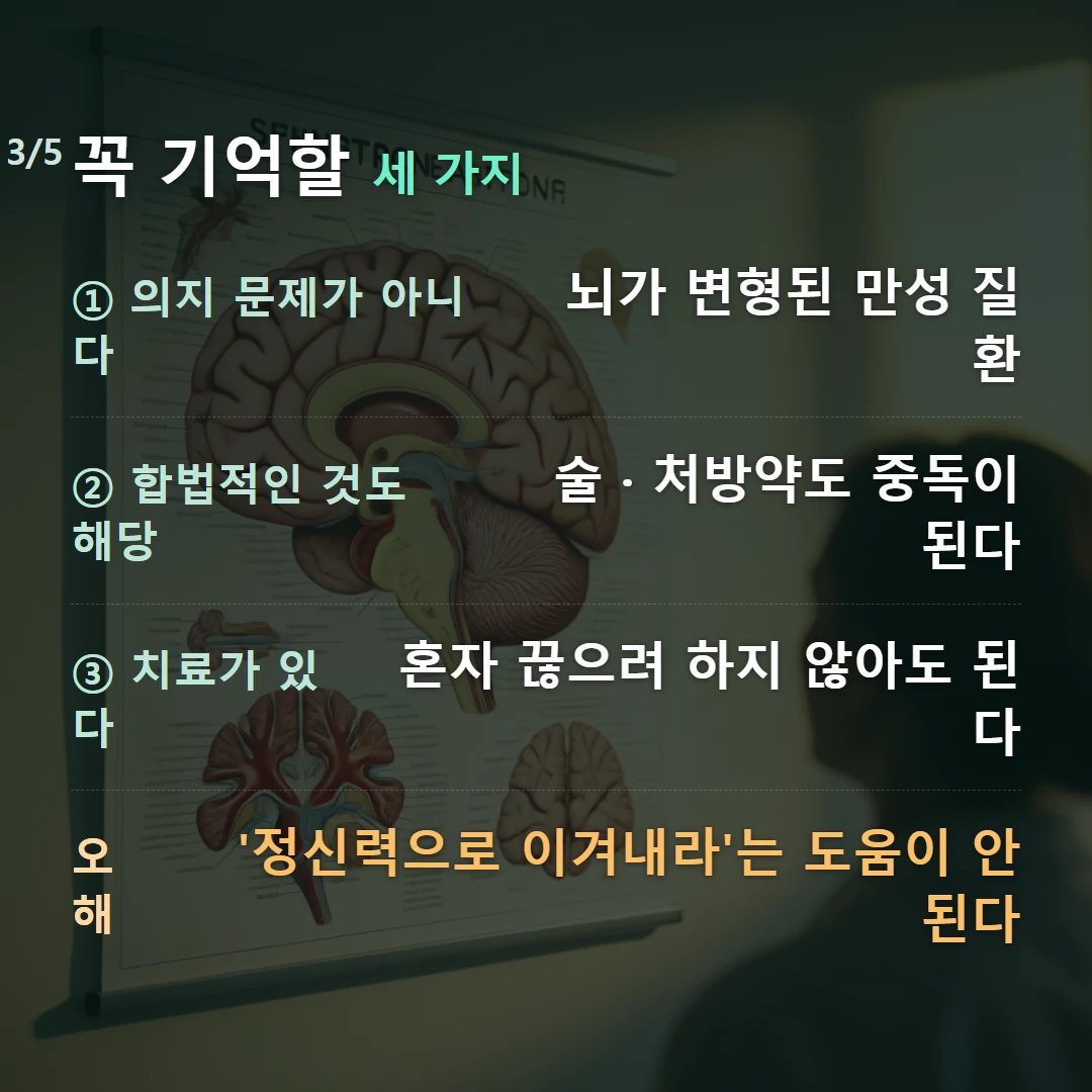 꼭 기억할 세 가지 — ① 의지 문제가 아니다 뇌가 변형된 만성 질환, ② 합법적인 것도 해당 술 · 처방약도 중독이 된다, ③ 치료가 있다 혼자 끊으려 하지 않아도 된다, 오해 '정신력으로 이겨내라'는 도움이 안 된다