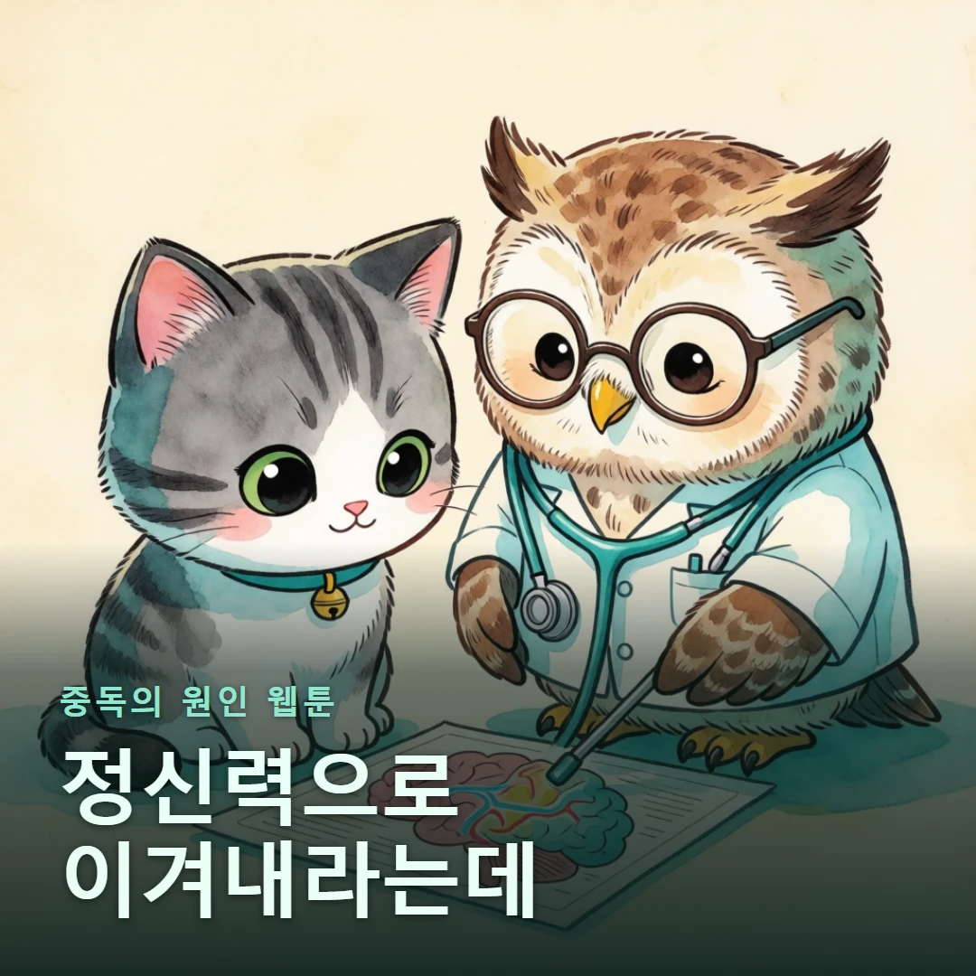 중독의 원인 웹툰 표지 — 정신력으로 이겨내라는데