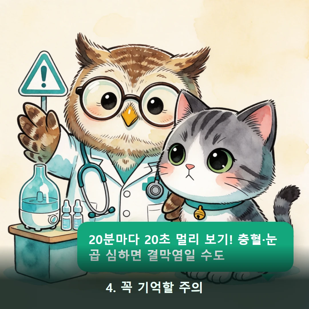 웹툰 4컷 — 4. 꼭 기억할 주의 (20분마다 20초 멀리 보기! 충혈·눈곱 심하면 결막염일 수도)