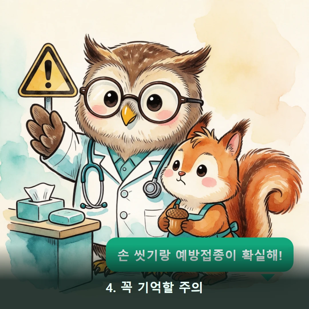 웹툰 4컷 — 4. 꼭 기억할 주의 (손 씻기랑 예방접종이 확실해!)
