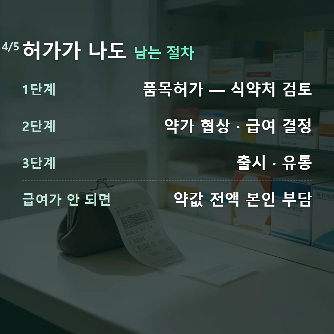 허가가 나도 남는 절차 — 1단계 품목허가 — 식약처 검토, 2단계 약가 협상 · 급여 결정, 3단계 출시 · 유통, 급여가 안 되면 약값 전액 본인 부담