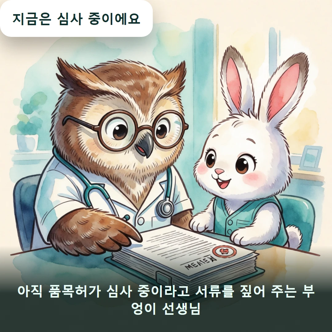웹툰 2컷 — 아직 품목허가 심사 중이라고 서류를 짚어 주는 부엉이 선생님 (지금은 심사 중이에요)