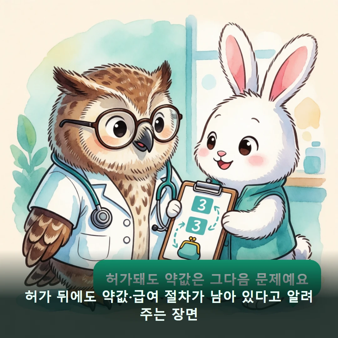 웹툰 4컷 — 허가 뒤에도 약값·급여 절차가 남아 있다고 알려 주는 장면 (허가돼도 약값은 그다음 문제예요)