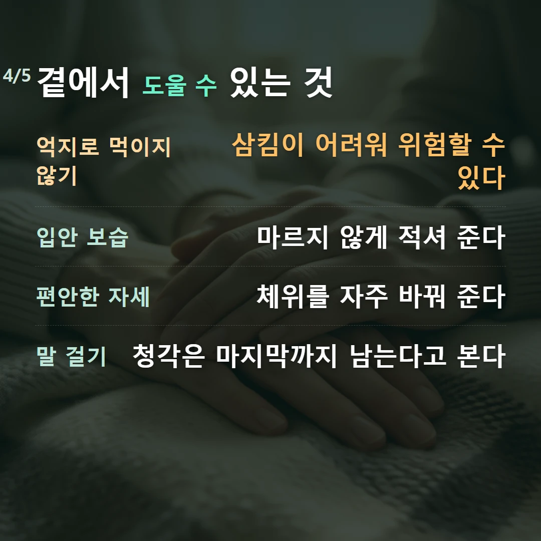 곁에서 도울 수 있는 것 — 억지로 먹이지 않기 삼킴이 어려워 위험할 수 있다, 입안 보습 마르지 않게 적셔 준다, 편안한 자세 체위를 자주 바꿔 준다, 말 걸기 청각은 마지막까지 남는다고 본다