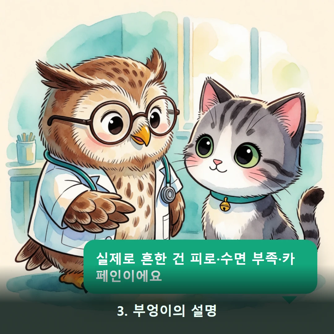 웹툰 3컷 — 3. 부엉이의 설명 (실제로 흔한 건 피로·수면 부족·카페인이에요)