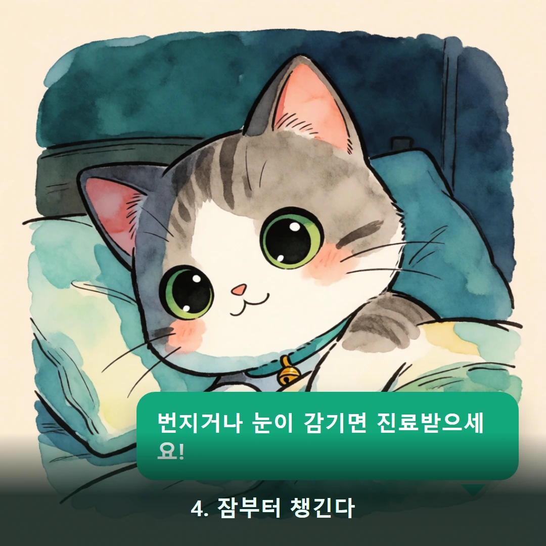 웹툰 4컷 — 4. 잠부터 챙긴다 (번지거나 눈이 감기면 진료받으세요!)