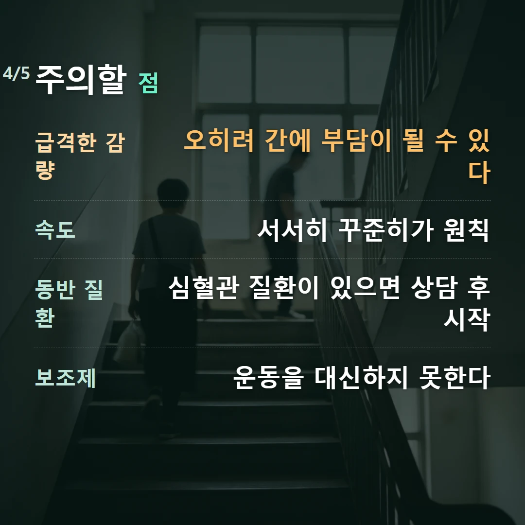 주의할 점 — 급격한 감량 오히려 간에 부담이 될 수 있다, 속도 서서히 꾸준히가 원칙, 동반 질환 심혈관 질환이 있으면 상담 후 시작, 보조제 운동을 대신하지 못한다
