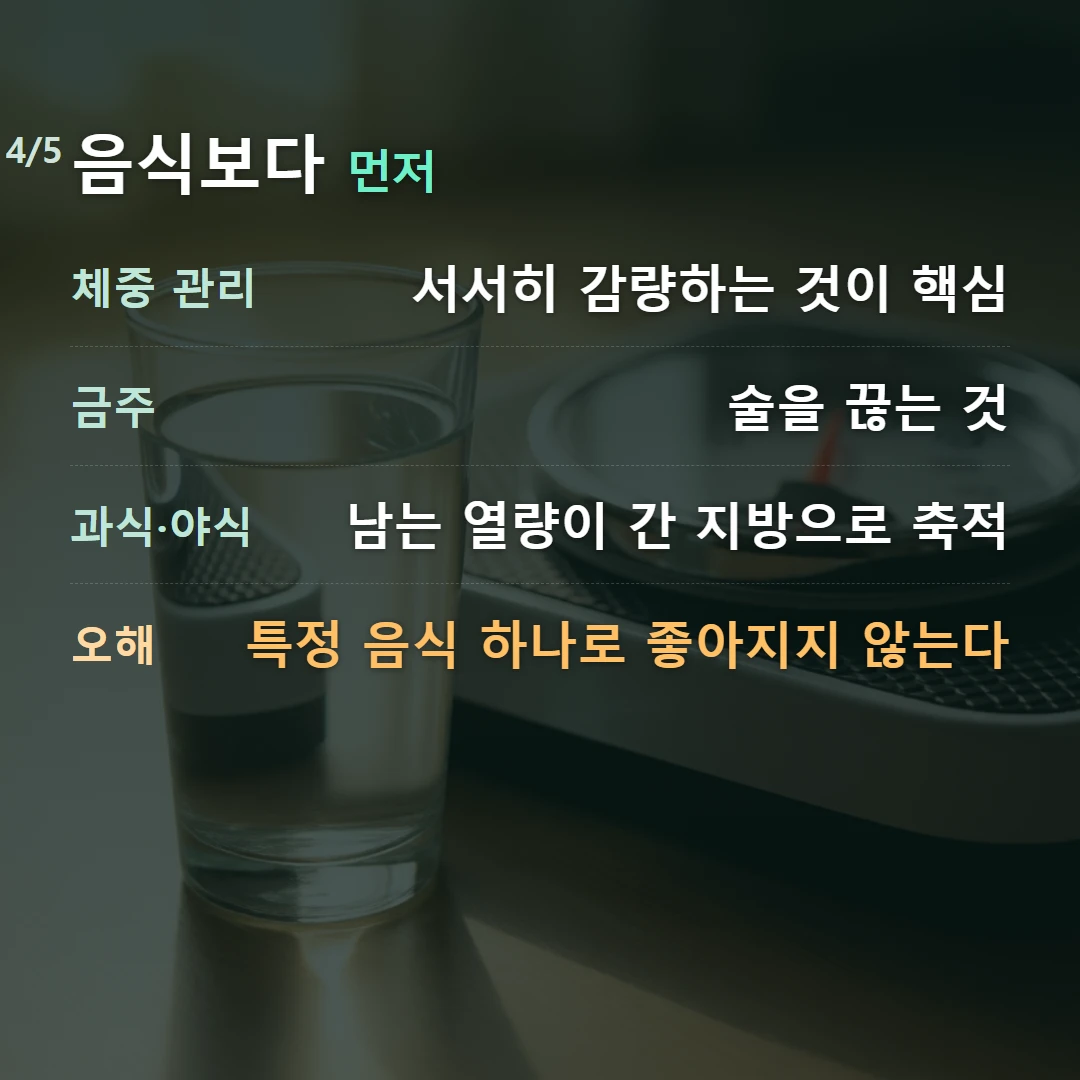 음식보다 먼저 — 체중 관리 서서히 감량하는 것이 핵심, 금주 술을 끊는 것, 과식·야식 남는 열량이 간 지방으로 축적, 오해 특정 음식 하나로 좋아지지 않는다