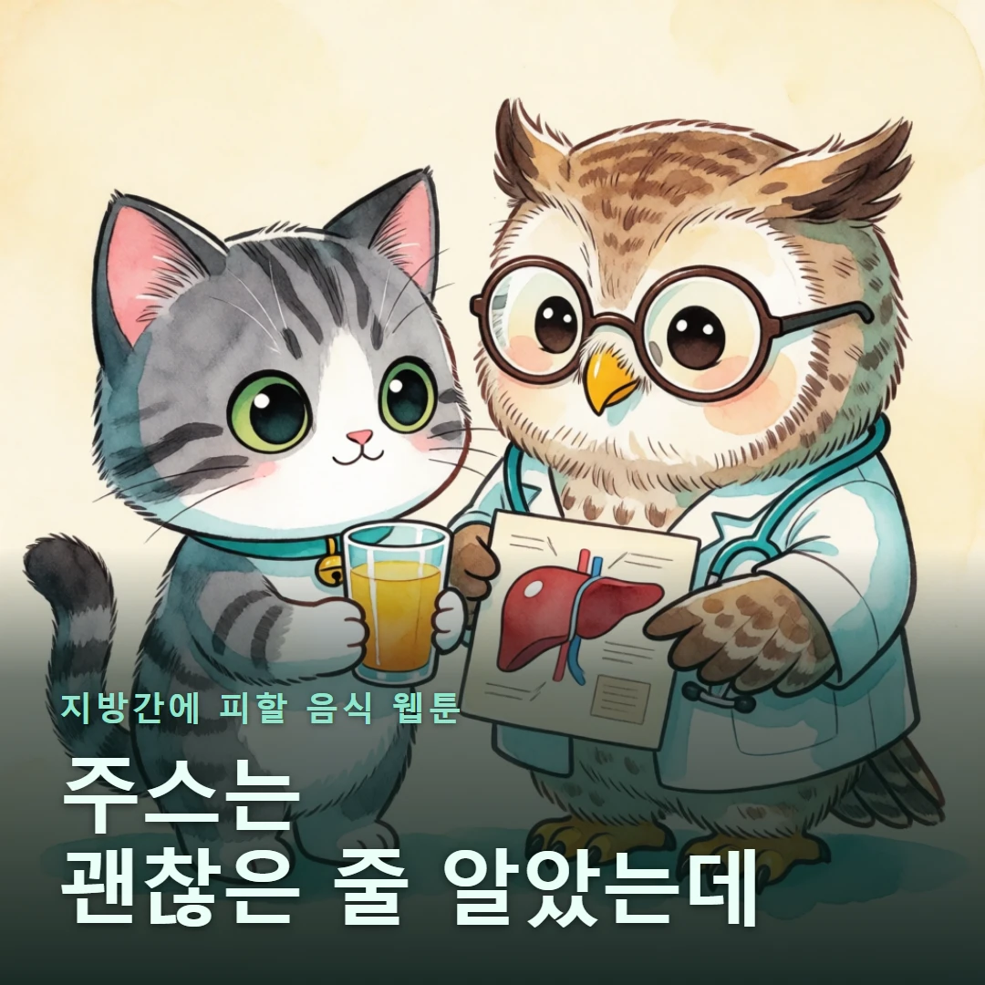 지방간에 피할 음식 웹툰 표지 — 주스는 괜찮은 줄 알았는데