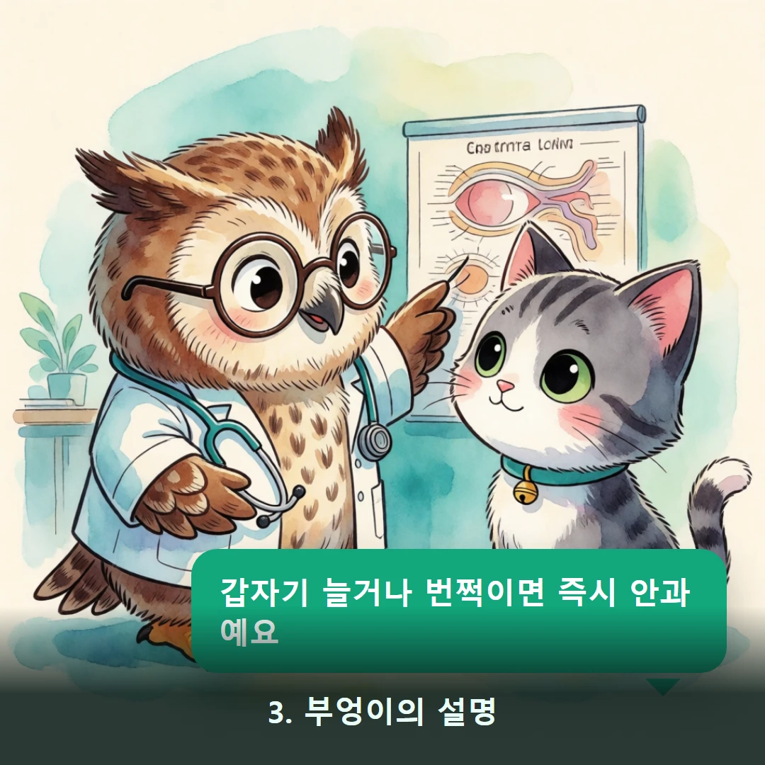 웹툰 3컷 — 3. 부엉이의 설명 (갑자기 늘거나 번쩍이면 즉시 안과예요)