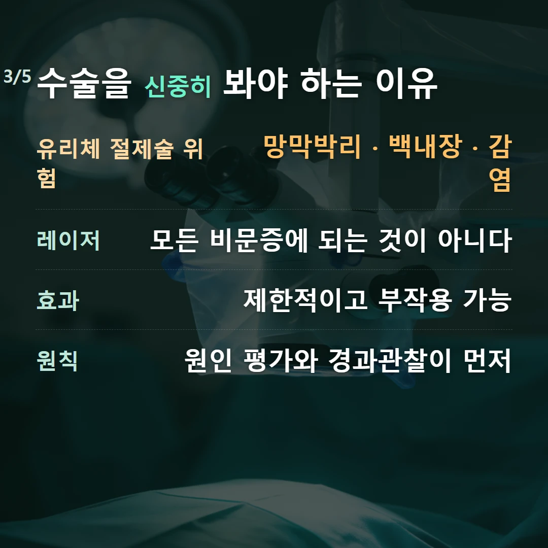 수술을 신중히 봐야 하는 이유 — 유리체 절제술 위험 망막박리 · 백내장 · 감염, 레이저 모든 비문증에 되는 것이 아니다, 효과 제한적이고 부작용 가능, 원칙 원인 평가와 경과관찰이 먼저