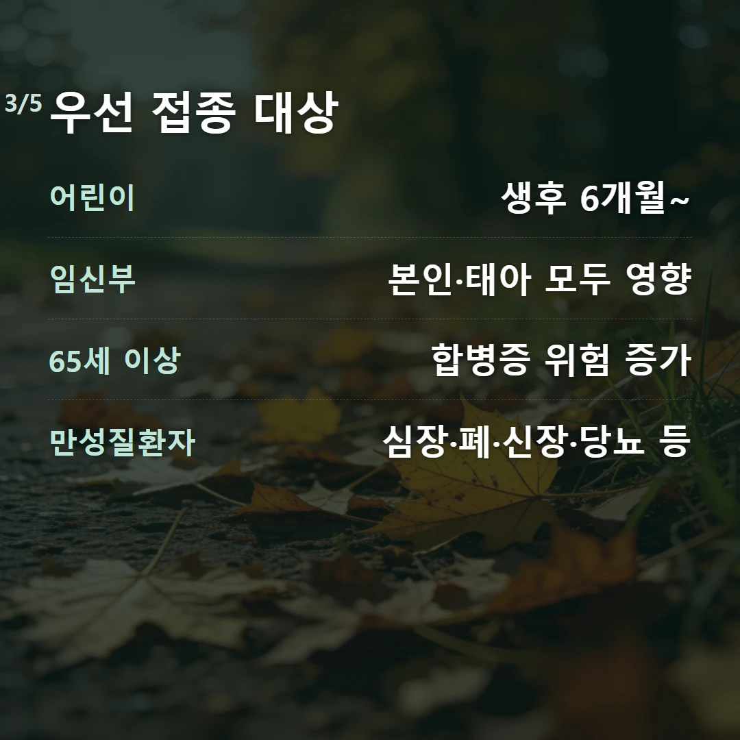 우선 접종 대상 — 어린이 생후 6개월~, 임신부 본인·태아 모두 영향, 65세 이상 합병증 위험 증가, 만성질환자 심장·폐·신장·당뇨 등