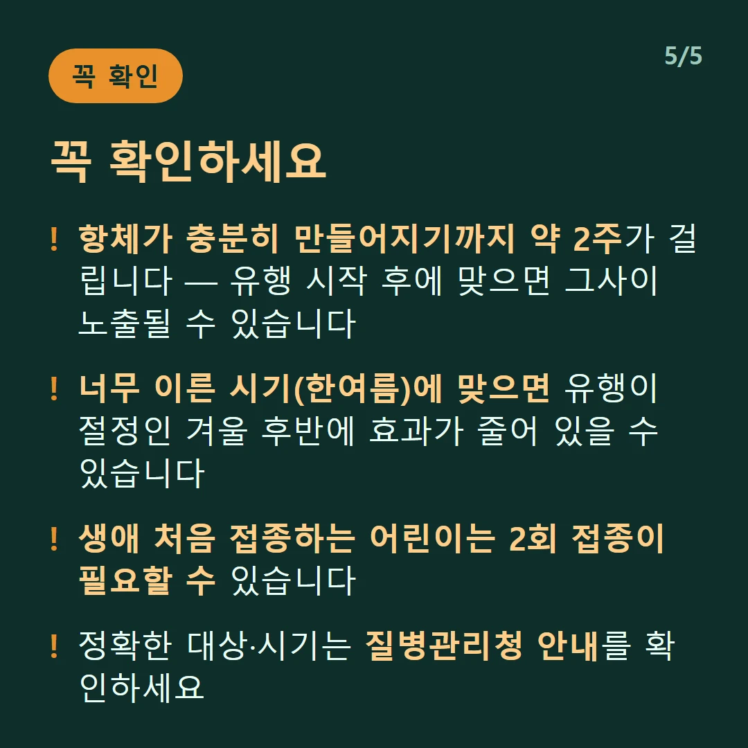 꼭 확인하세요 — 항체가 충분히 만들어지기까지 약 2주가 걸립니다 — 유행 시작 후에 맞으면 그사이 노출될 수 있습니다 / 너무 이른 시기(한여름)에 맞으면 유행이 절정인 겨울 후반에 효과가 줄어 있을 수 있습니다 / 생애 처음 접종하는 어린이는 2회 접종이 필요할 수 있습니다 / 정확한 대상·시기는 질병관리청 안내를 확인하세요