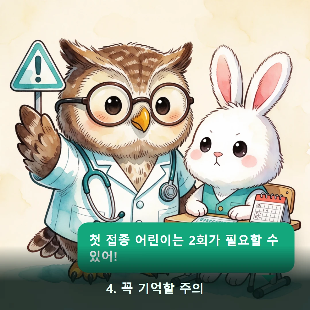 웹툰 4컷 — 4. 꼭 기억할 주의 (첫 접종 어린이는 2회가 필요할 수 있어!)