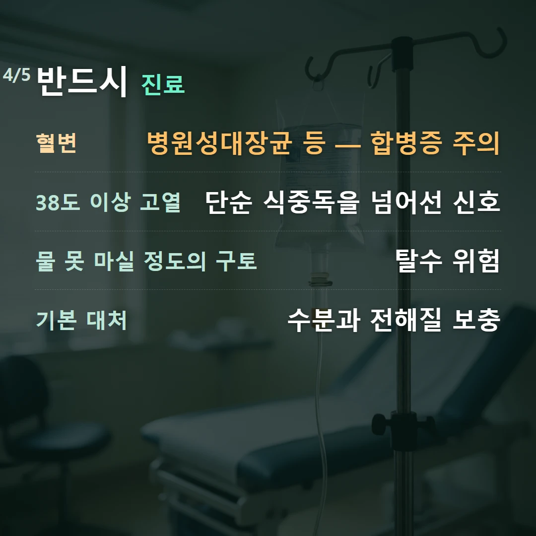 반드시 진료 — 혈변 병원성대장균 등 — 합병증 주의, 38도 이상 고열 단순 식중독을 넘어선 신호, 물 못 마실 정도의 구토 탈수 위험, 기본 대처 수분과 전해질 보충