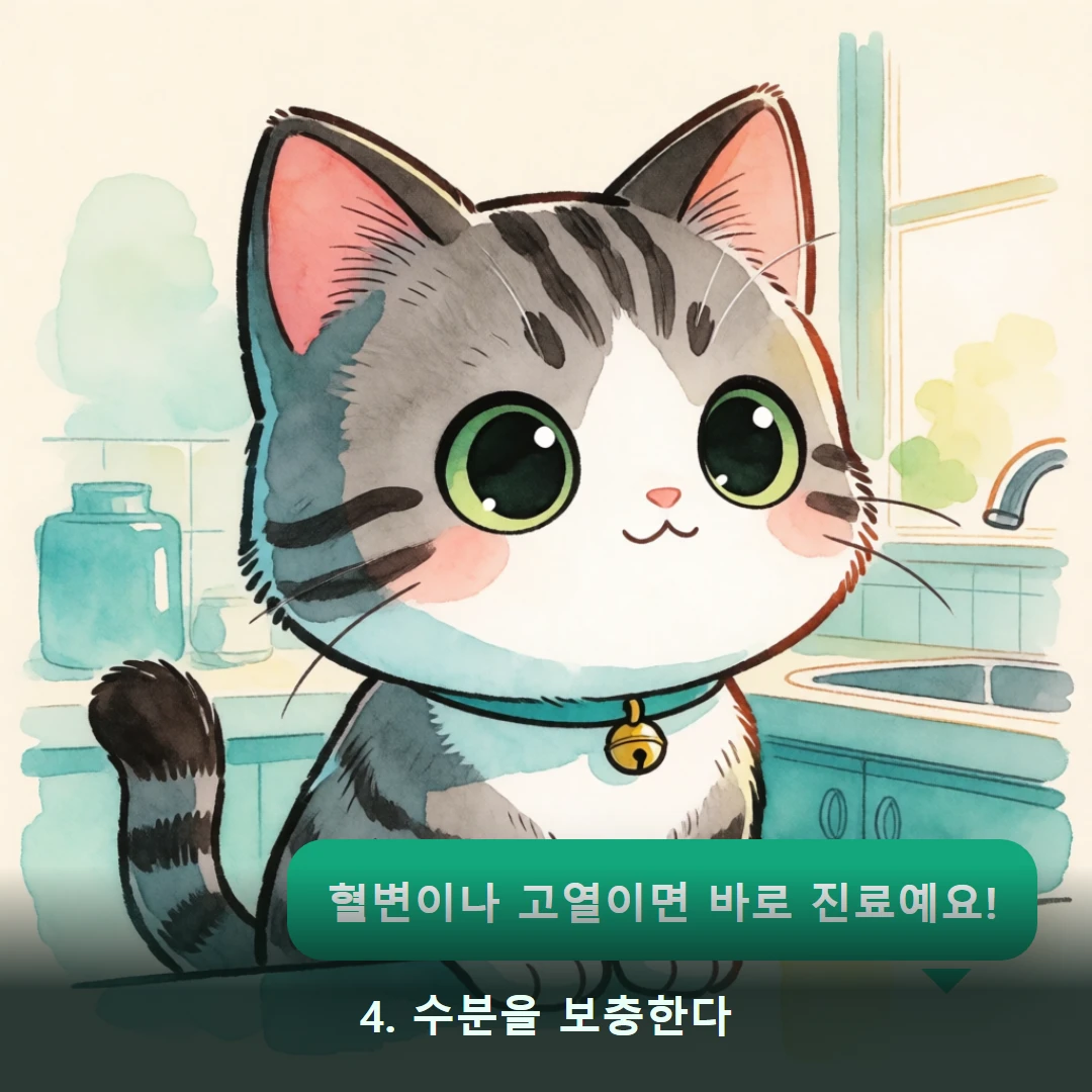 웹툰 4컷 — 4. 수분을 보충한다 (혈변이나 고열이면 바로 진료예요!)