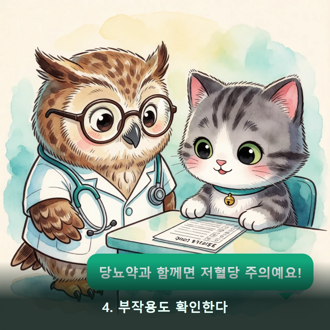 웹툰 4컷 — 4. 부작용도 확인한다 (당뇨약과 함께면 저혈당 주의예요!)