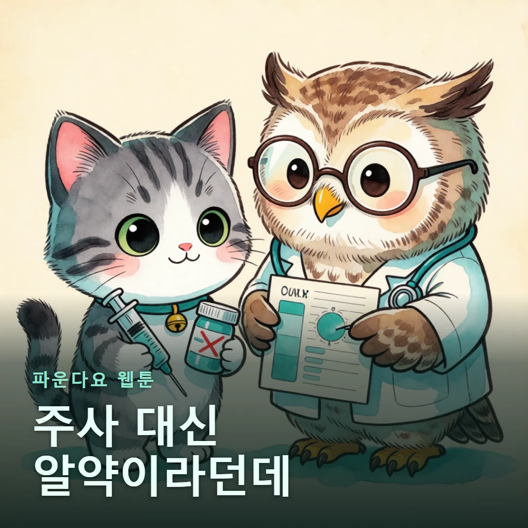 파운다요 웹툰 표지 — 주사 대신 알약이라던데