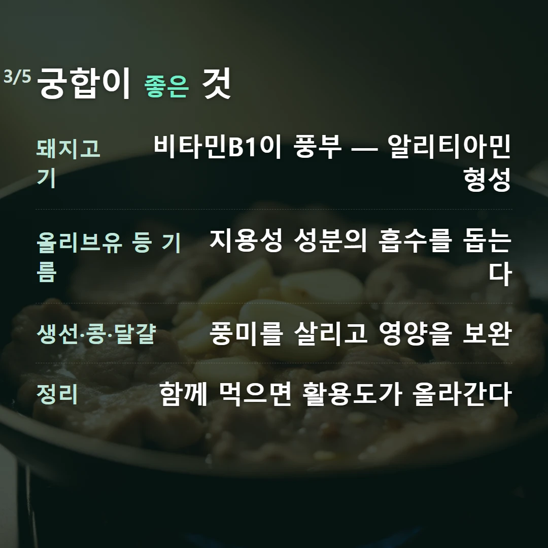 궁합이 좋은 것 — 돼지고기 비타민B1이 풍부 — 알리티아민 형성, 올리브유 등 기름 지용성 성분의 흡수를 돕는다, 생선·콩·달걀 풍미를 살리고 영양을 보완, 정리 함께 먹으면 활용도가 올라간다